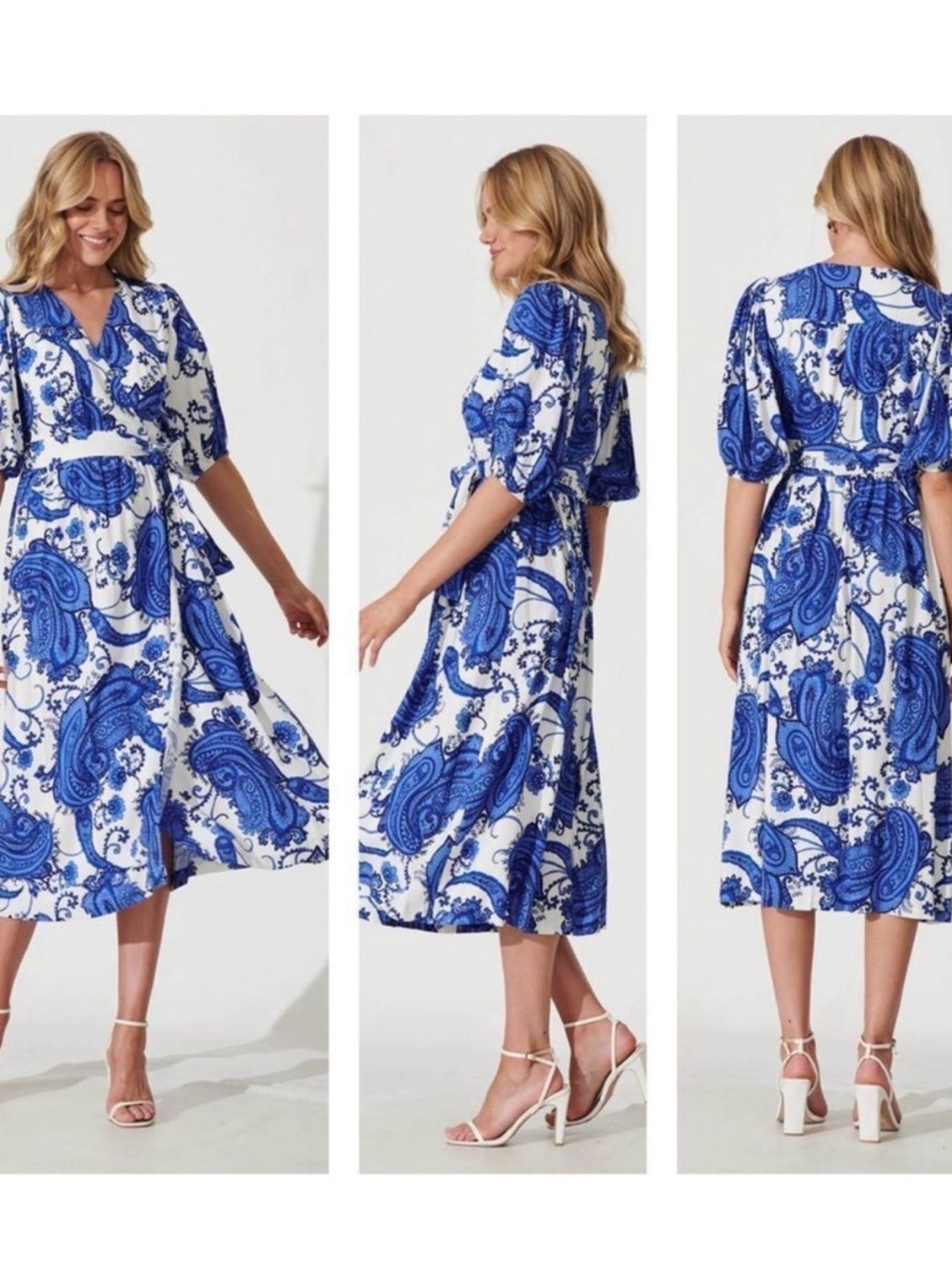 Blue and White Paisley Wrap Midi Dress